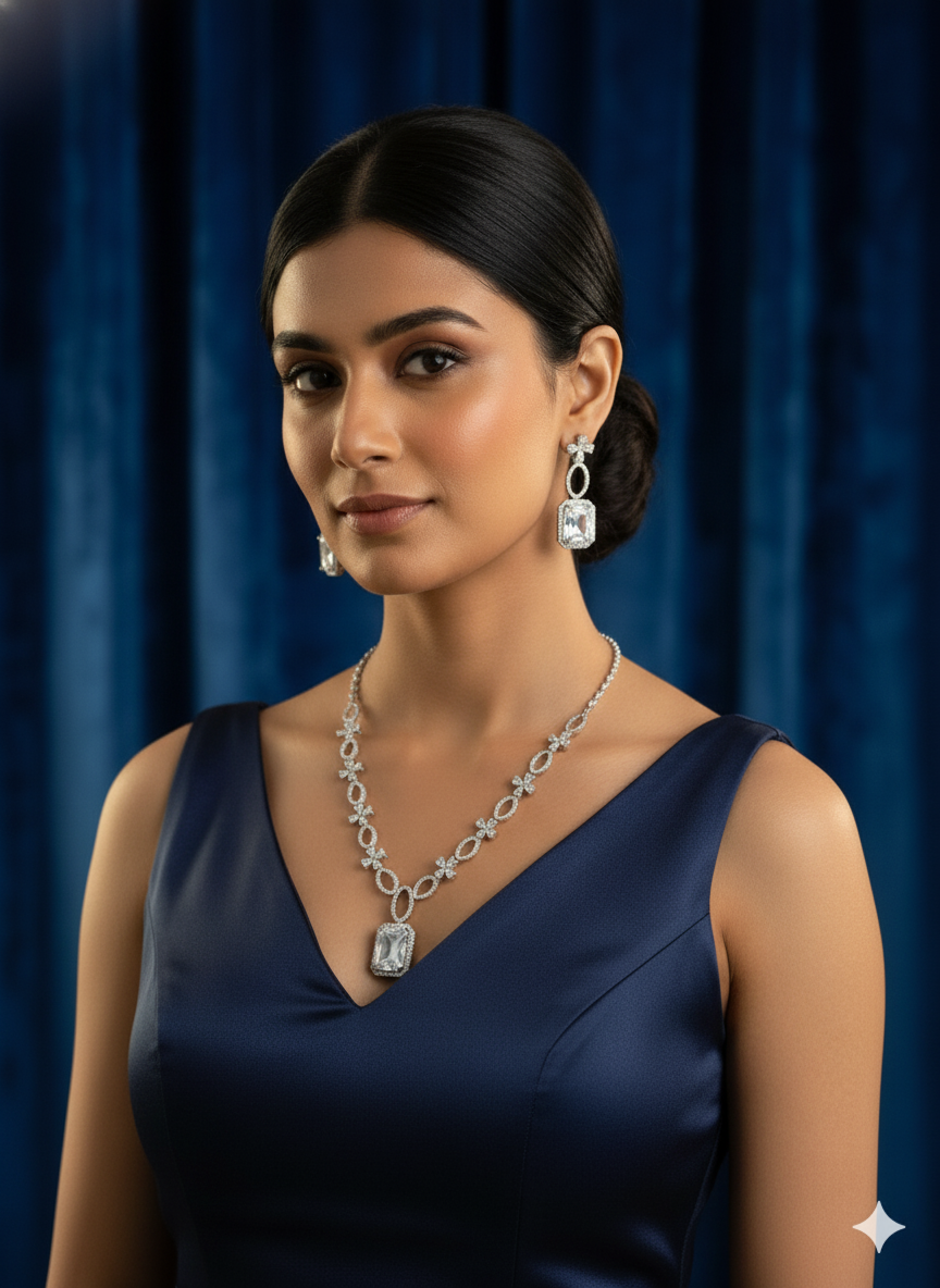 Elegant White AD Stone Emerald Cut Necklace Set